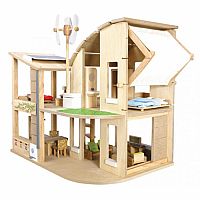 Wooden Green Dollhouse with Furniture - Plan Toys