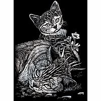 Mini Engraving Art: Silver - Tabby Cat & Kitten  